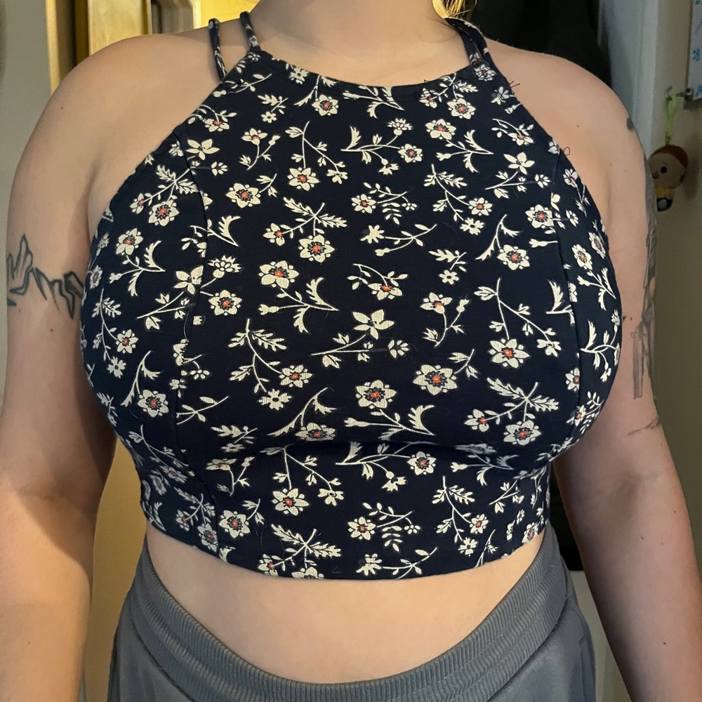 Navy Blue Floral Crop Tank Top